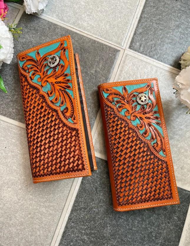 Hand Tooled Leather Western Wallet: Turquoise Leaf, Vintage Style