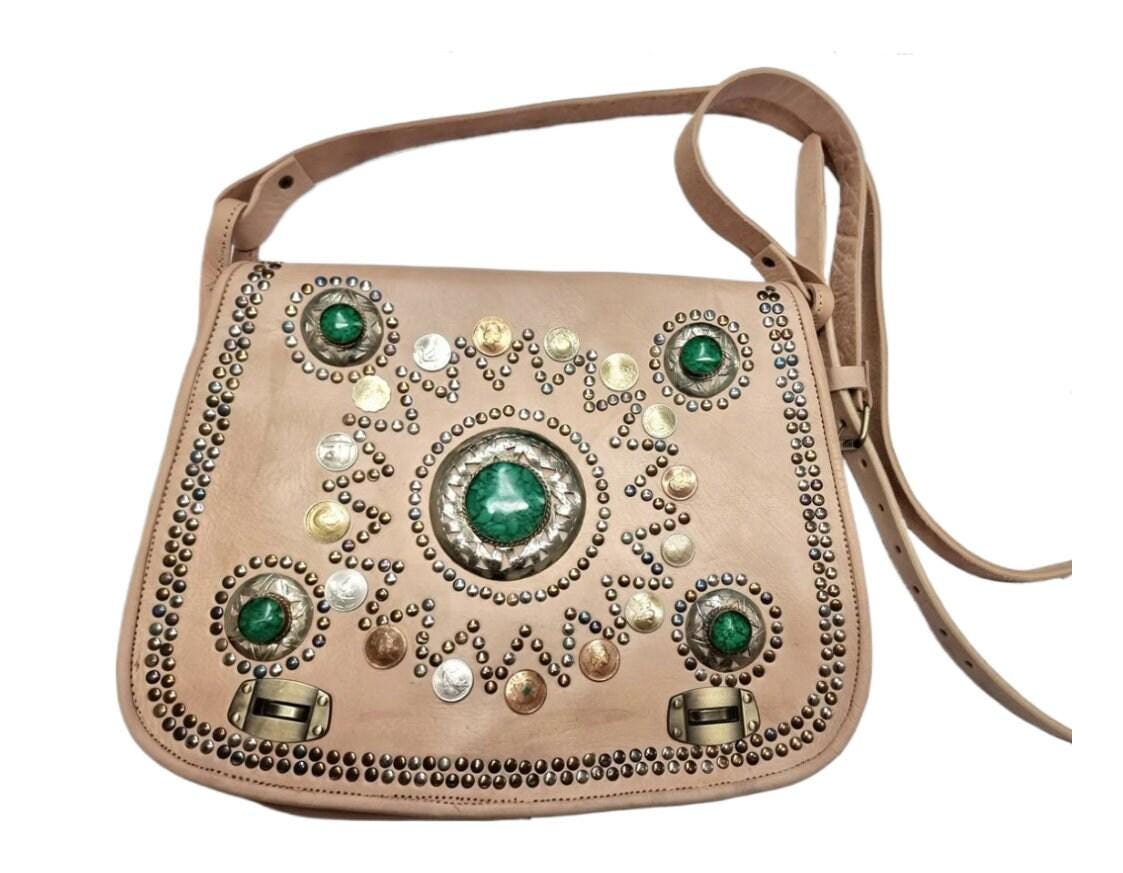 Large Moroccan Leather Shoulder Bag & Wallet Set: Boho Festival Purse