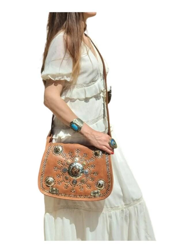 Large Moroccan Leather Shoulder Bag & Wallet Set: Boho Festival Purse