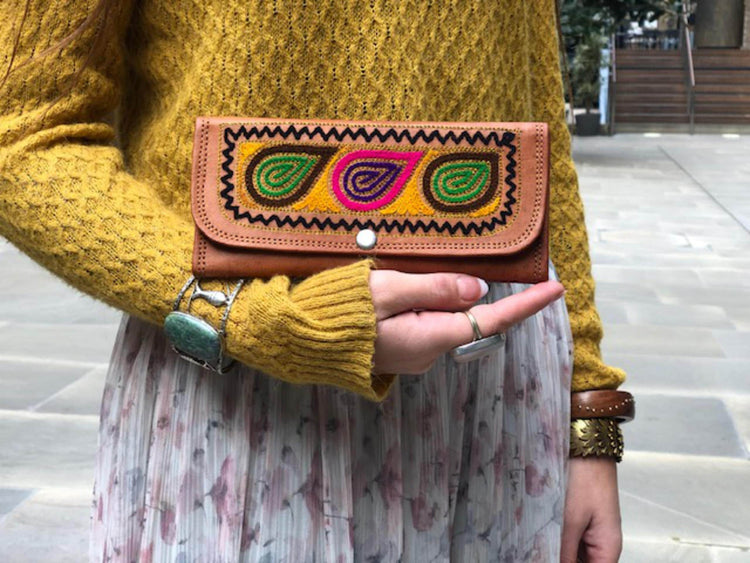 Embroidered Leather Trifold Wallet: Botanical Boho Long Wallet