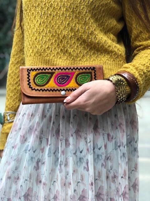 Embroidered Leather Trifold Wallet: Botanical Boho Long Wallet
