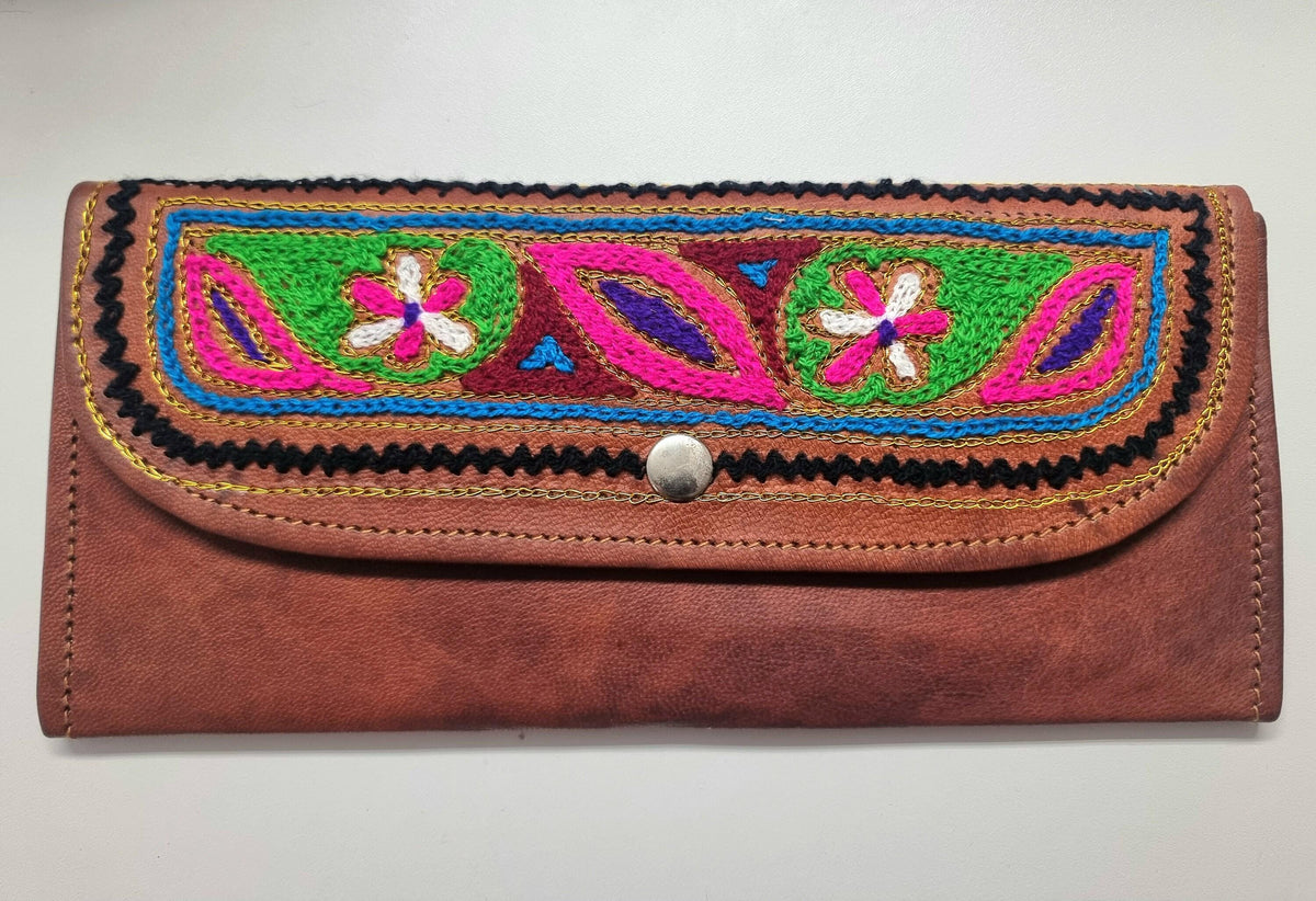 Embroidered Leather Trifold Wallet: Botanical Boho Long Wallet