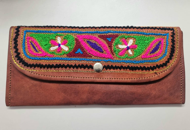 Embroidered Leather Trifold Wallet: Botanical Boho Long Wallet