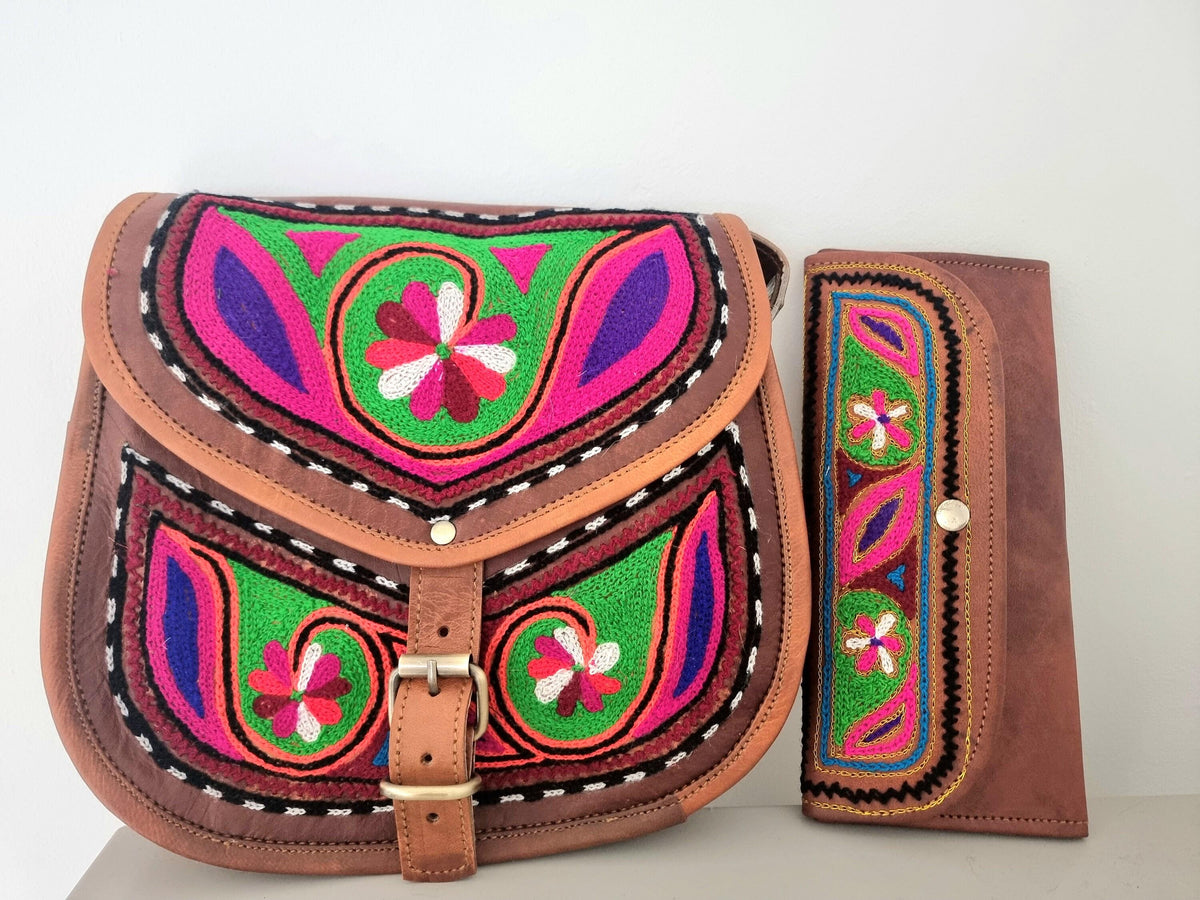 Embroidered Leather Trifold Wallet: Botanical Boho Long Wallet