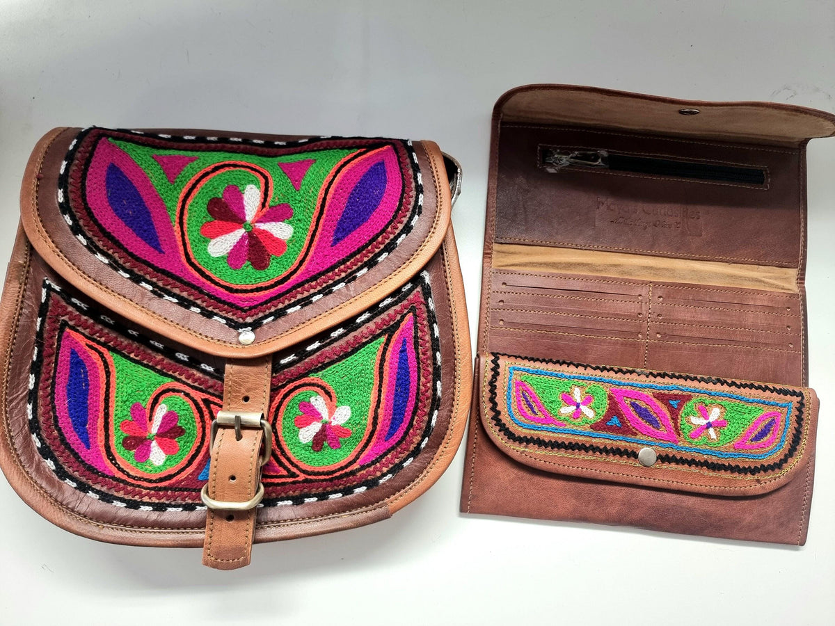 Embroidered Leather Trifold Wallet: Botanical Boho Long Wallet