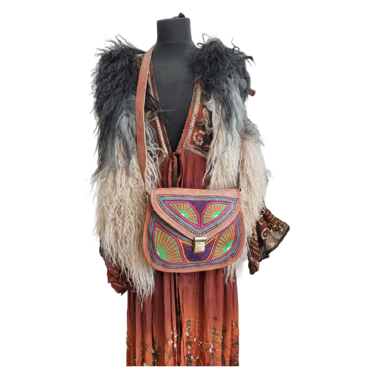 Handmade Embroidered Leather Crossbody Bag – Colourful Boho Satchel & Vintage Style Purse