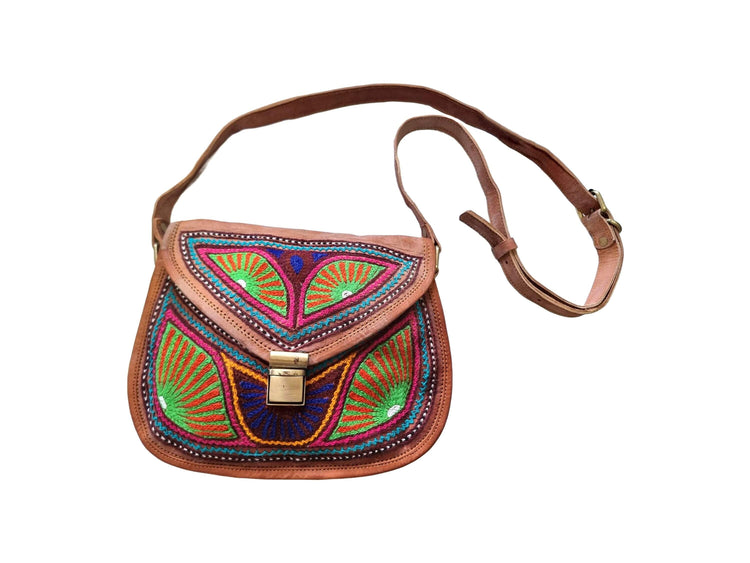 Handmade Embroidered Leather Crossbody Bag – Colourful Boho Satchel & Vintage Style Purse