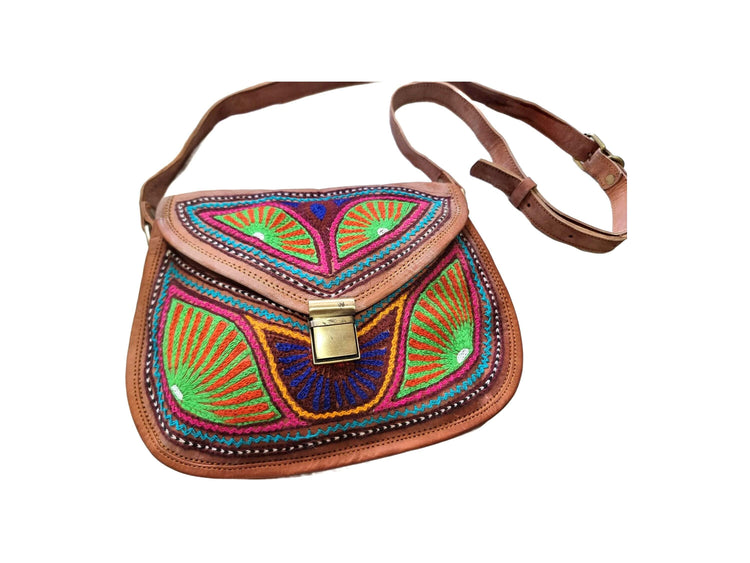 Handmade Embroidered Leather Crossbody Bag – Colourful Boho Satchel & Vintage Style Purse