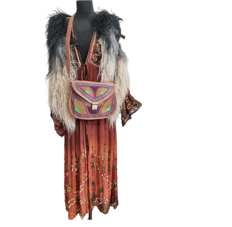 Handmade Embroidered Leather Crossbody Bag – Colourful Boho Satchel & Vintage Style Purse