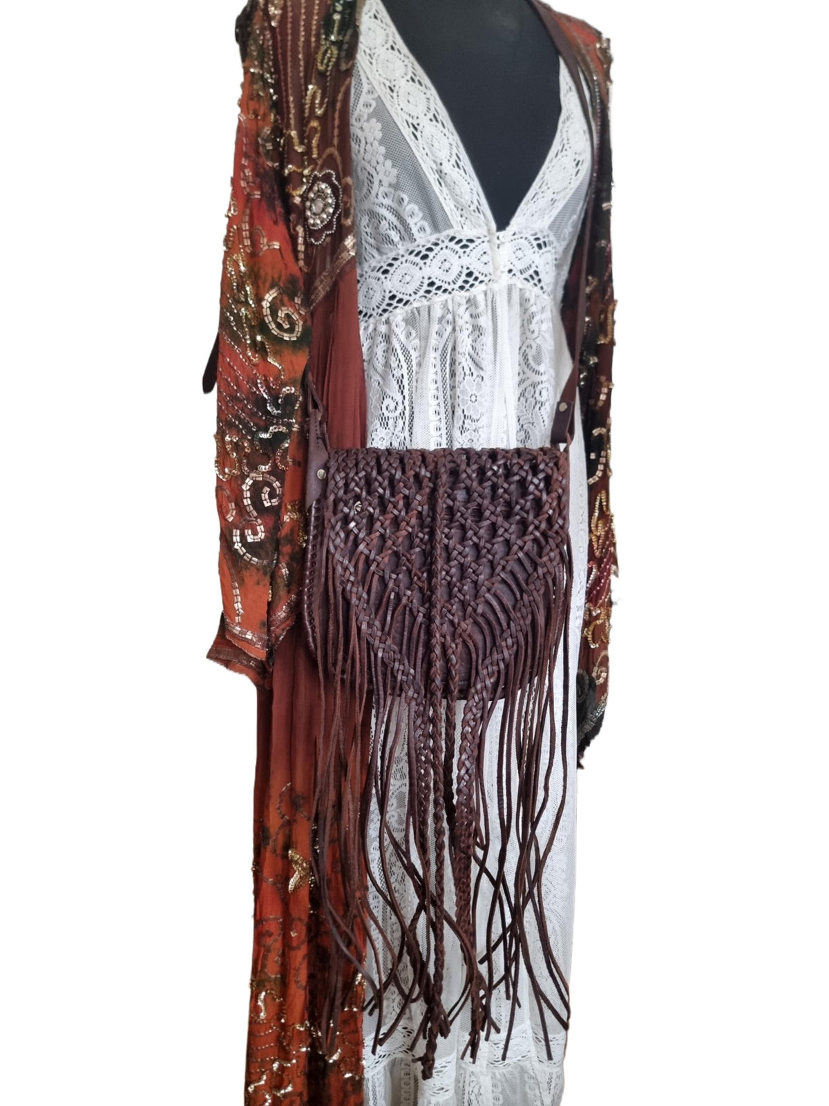 Hand Braided Leather Fringe Crossbody Bag: Vintage Moroccan Boho Purse