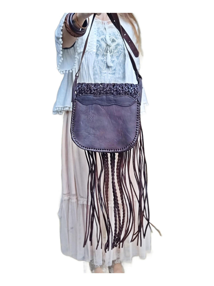 Hand Braided Leather Fringe Crossbody Bag: Vintage Moroccan Boho Purse