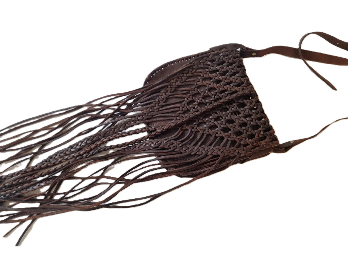 Hand Braided Leather Fringe Crossbody Bag: Vintage Moroccan Boho Purse