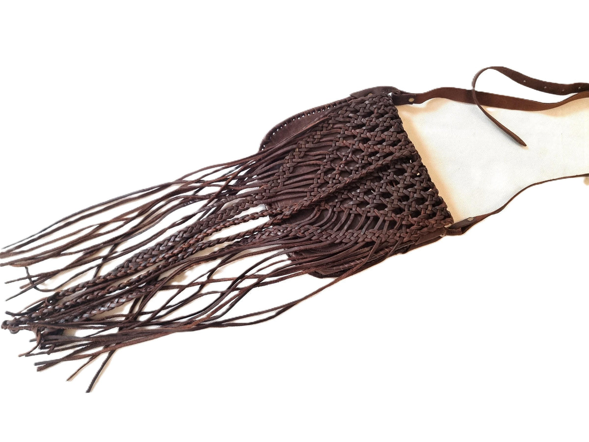 Hand Braided Leather Fringe Crossbody Bag: Vintage Moroccan Boho Purse