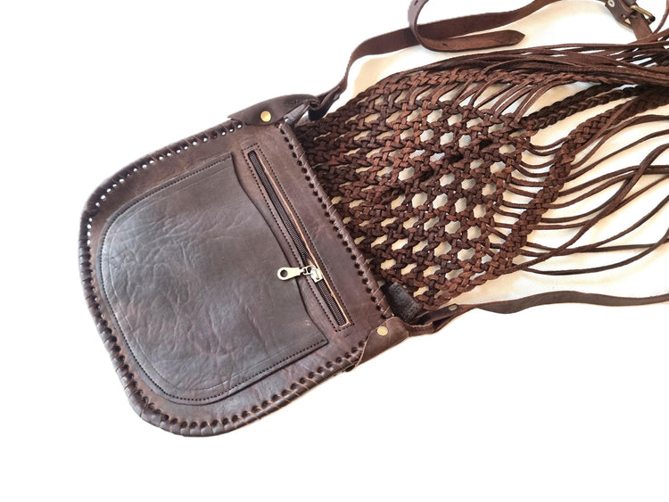 Hand Braided Leather Fringe Crossbody Bag: Vintage Moroccan Boho Purse