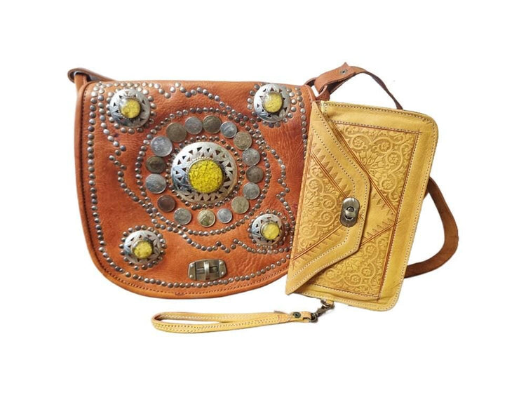 Moroccan Leather Crossbody Bag & Wristlet Set: Vintage Boho Purse