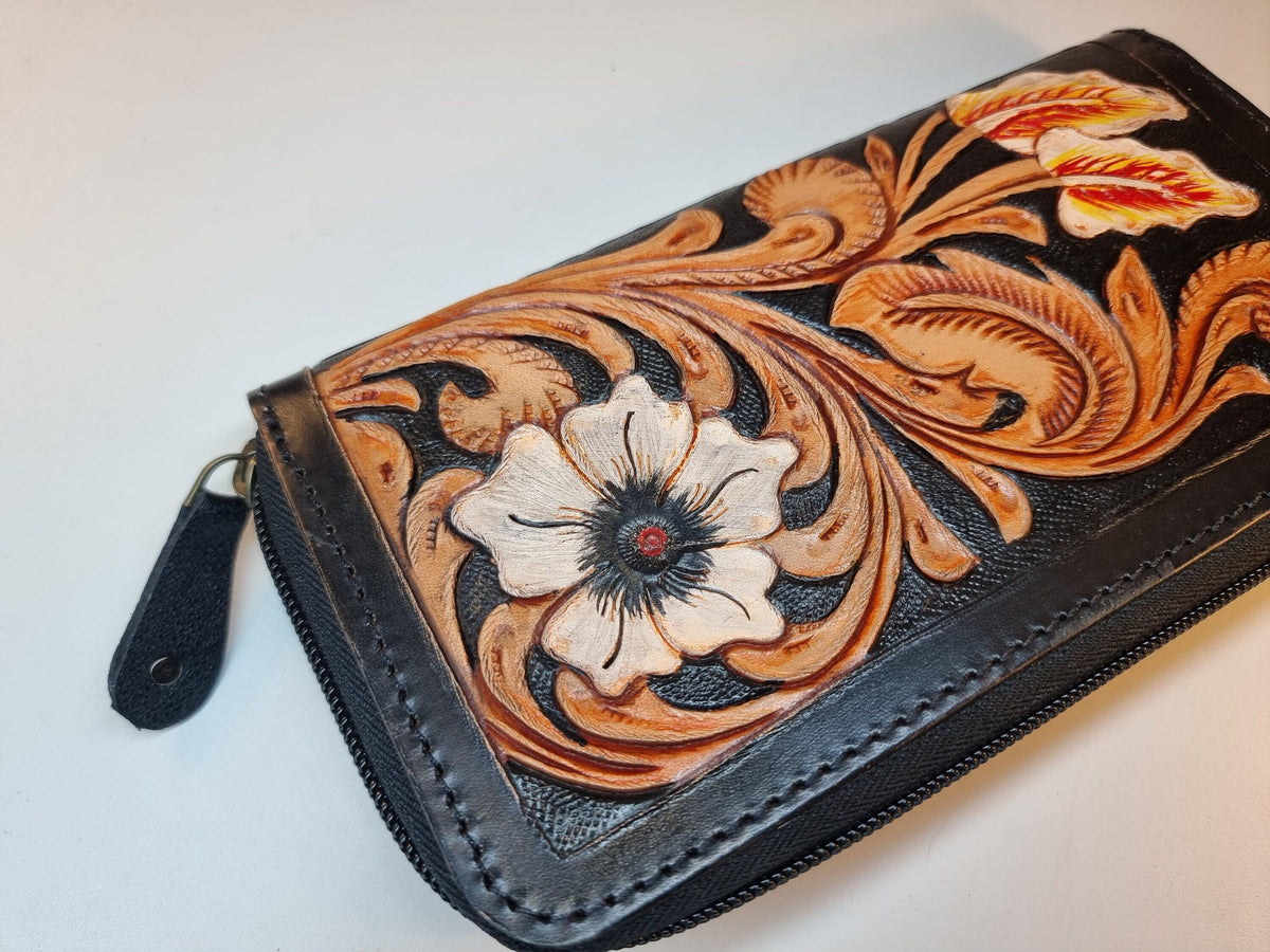 Hand Tooled Leather Wallet: Floral Carved, Antique Black, Western Style