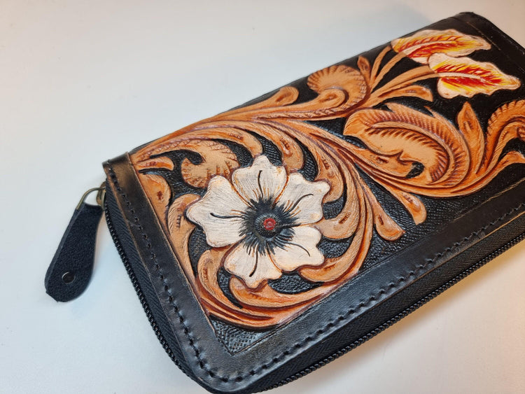 Hand Tooled Leather Wallet: Floral Carved, Antique Black, Western Style