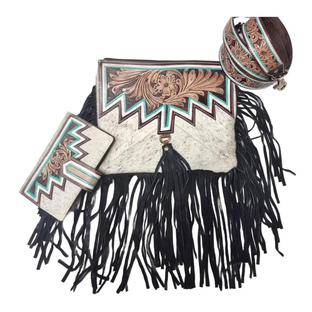Tooled Leather Cowhide Wallet Set: Western Turquoise Clutch & Crossbody Bag
