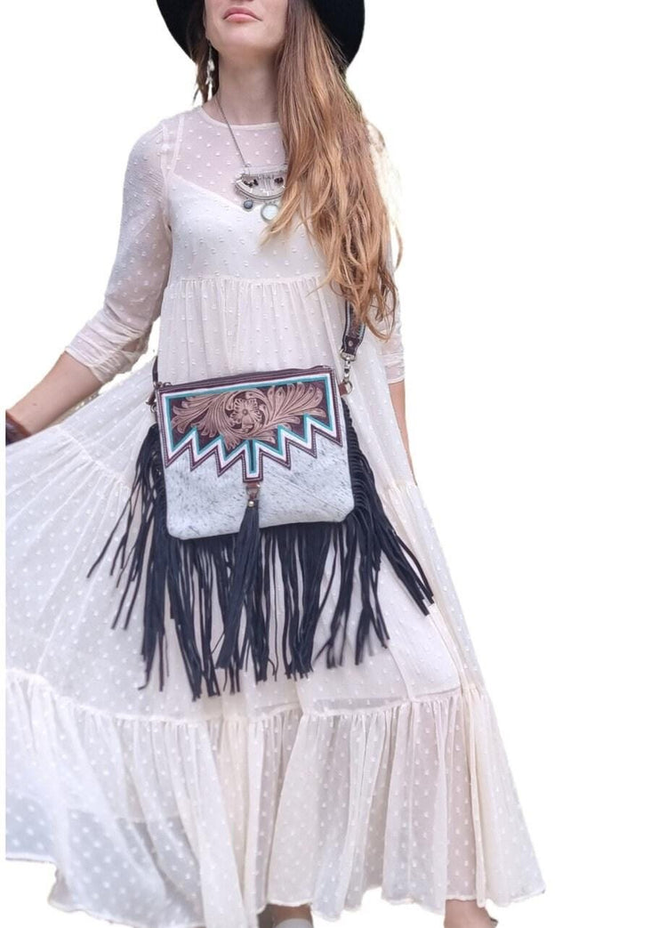 Tooled Leather Cowhide Wallet Set: Western Turquoise Clutch & Crossbody Bag