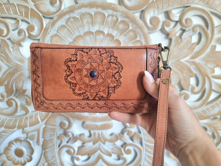 Hand Tooled Leather Wallet: Mandala Design, Lapis Lazuli Stone & Wrist Strap