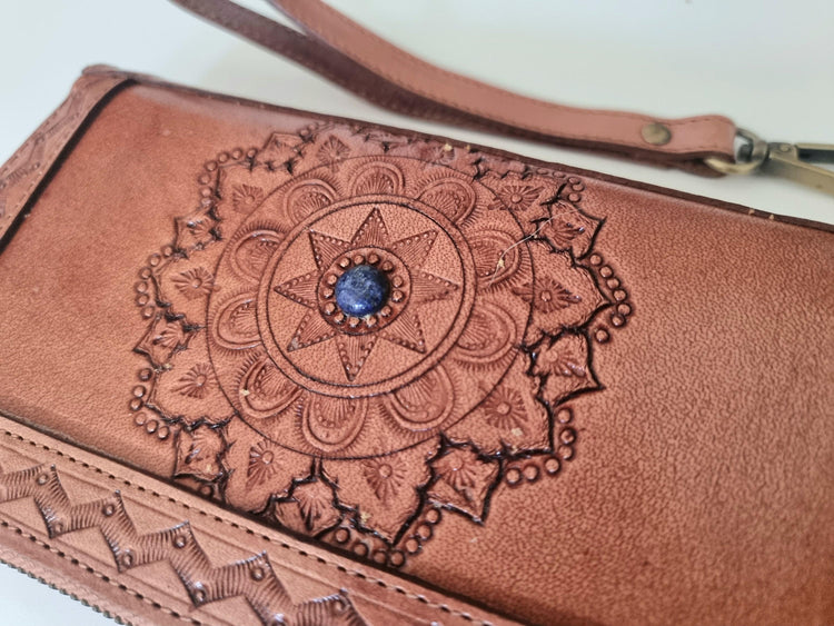 Hand Tooled Leather Wallet: Mandala Design, Lapis Lazuli Stone & Wrist Strap