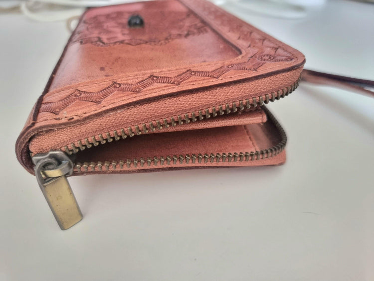 Hand Tooled Leather Wallet: Mandala Design, Lapis Lazuli Stone & Wrist Strap