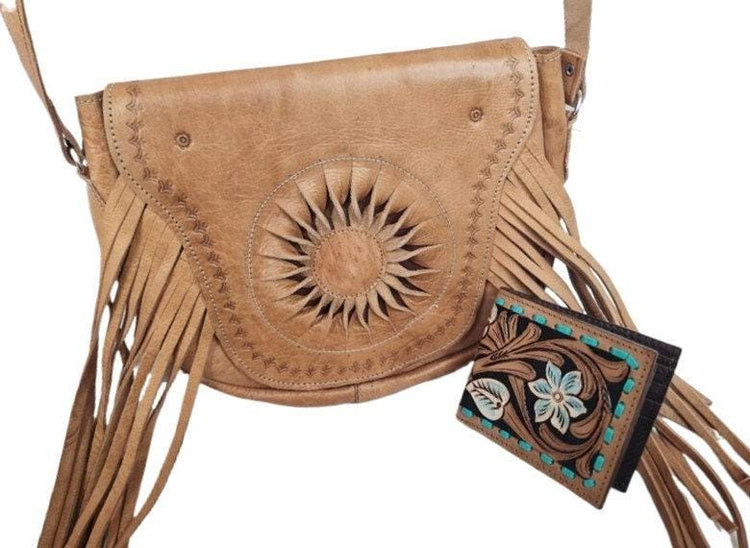 Hand Tooled Leather Bag & Wallet Set: Western Fringe Crossbody Purse