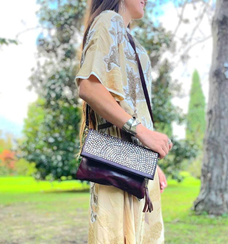 Handmade Leather Crossbody Clutch: Studded Boho Evening Bag