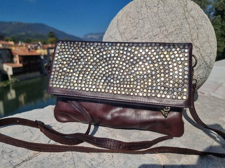 Handmade Leather Crossbody Clutch: Studded Boho Evening Bag