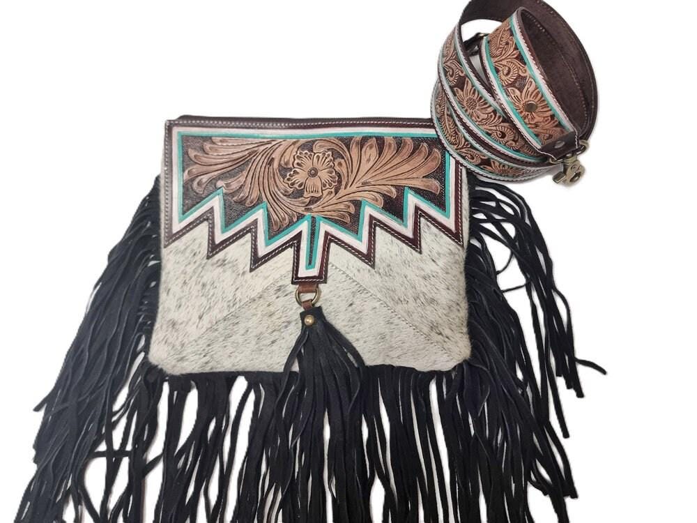 Western Cowhide Fringe Handbag Set, Tooled Leather Cowgirl Purse, Turquoise Crossbody Bag & Wallet, Boho Western Gift, Rodeo Bag