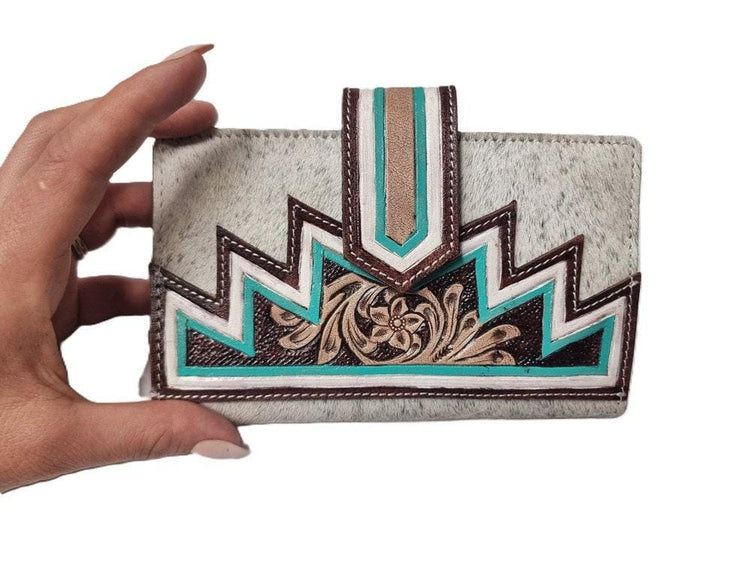 Western Cowhide Fringe Handbag Set, Tooled Leather Cowgirl Purse, Turquoise Crossbody Bag & Wallet, Boho Western Gift, Rodeo Bag