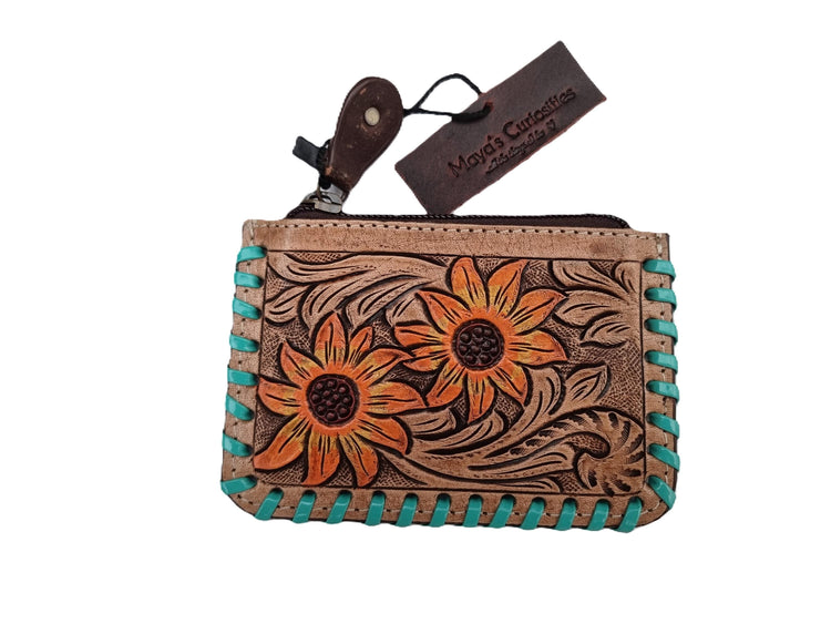 Hand Tooled Leather Mini Wallet: Pink Floral Coin Purse