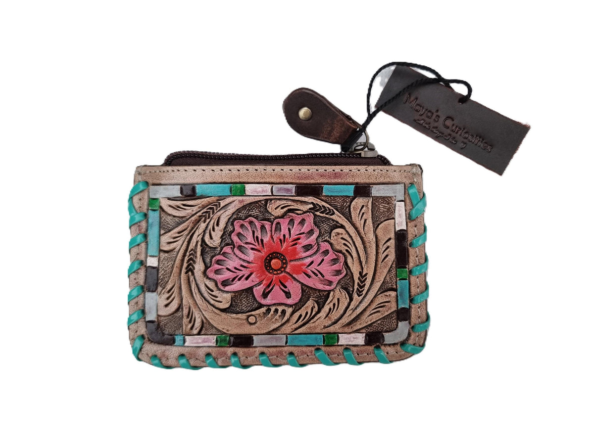Hand Tooled Leather Mini Wallet: Pink Floral Coin Purse