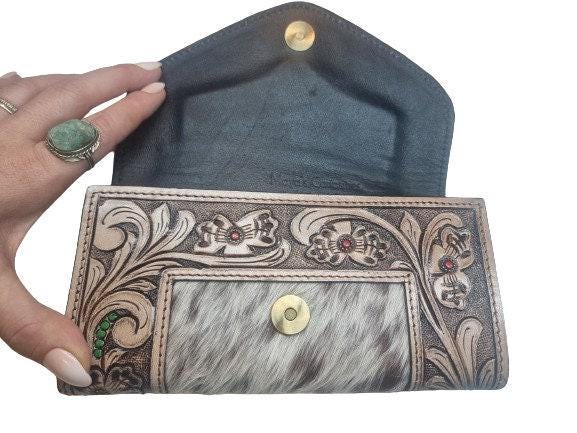 Hand Tooled Leather Cowhide Wallet: Western Feather Design