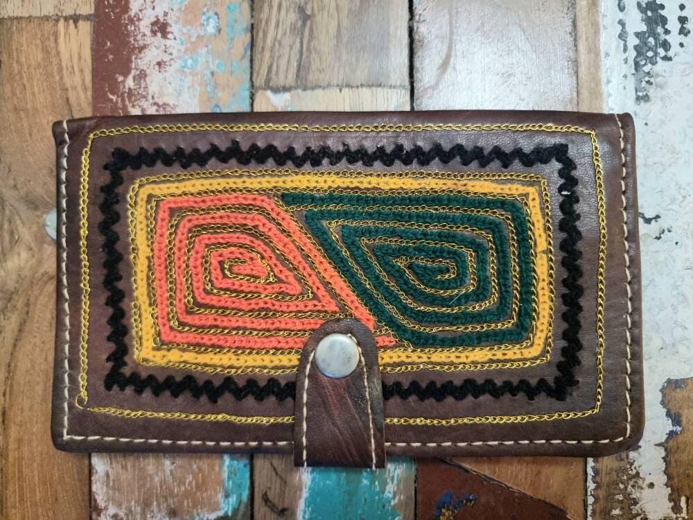 Embroidered Leather Wallet: Handmade Boho Hippie Coin Purse