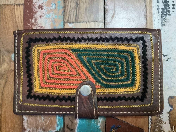 Embroidered Leather Wallet: Handmade Boho Hippie Coin Purse
