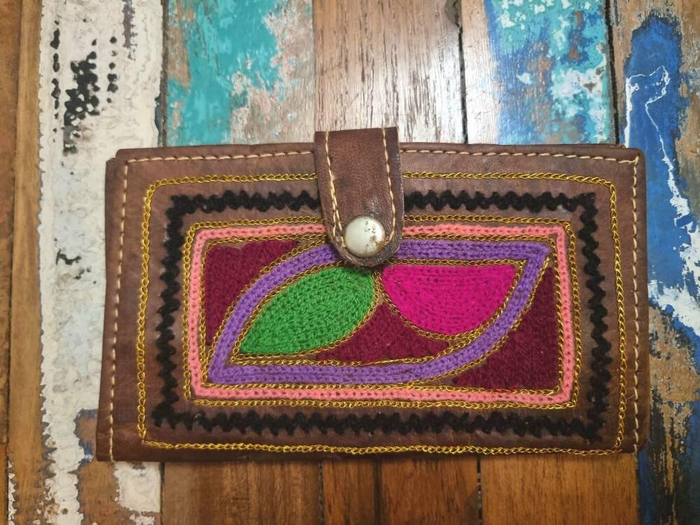 Embroidered Leather Wallet: Handmade Boho Hippie Coin Purse