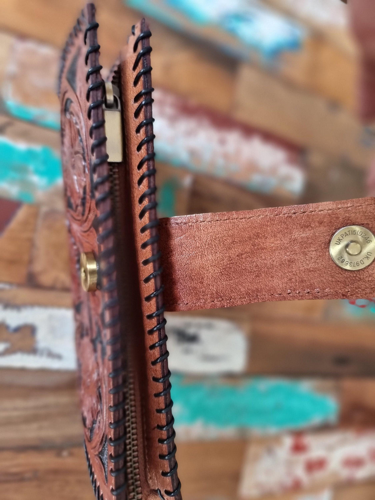 Long carved bifold leather wallet for women - handcrafted coin purse with zipper