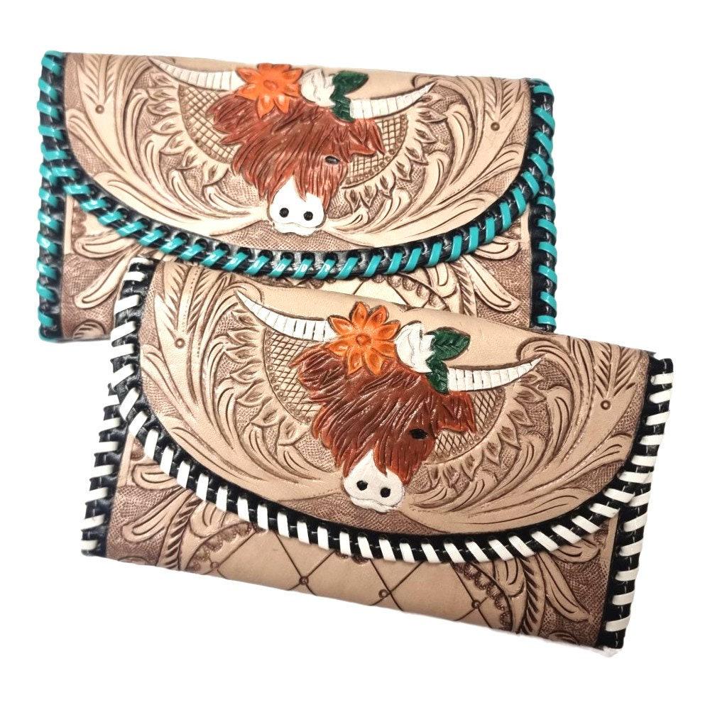 Hand Tooled Leather Wallet: Highland Cow Art, Vintage Western Clutch