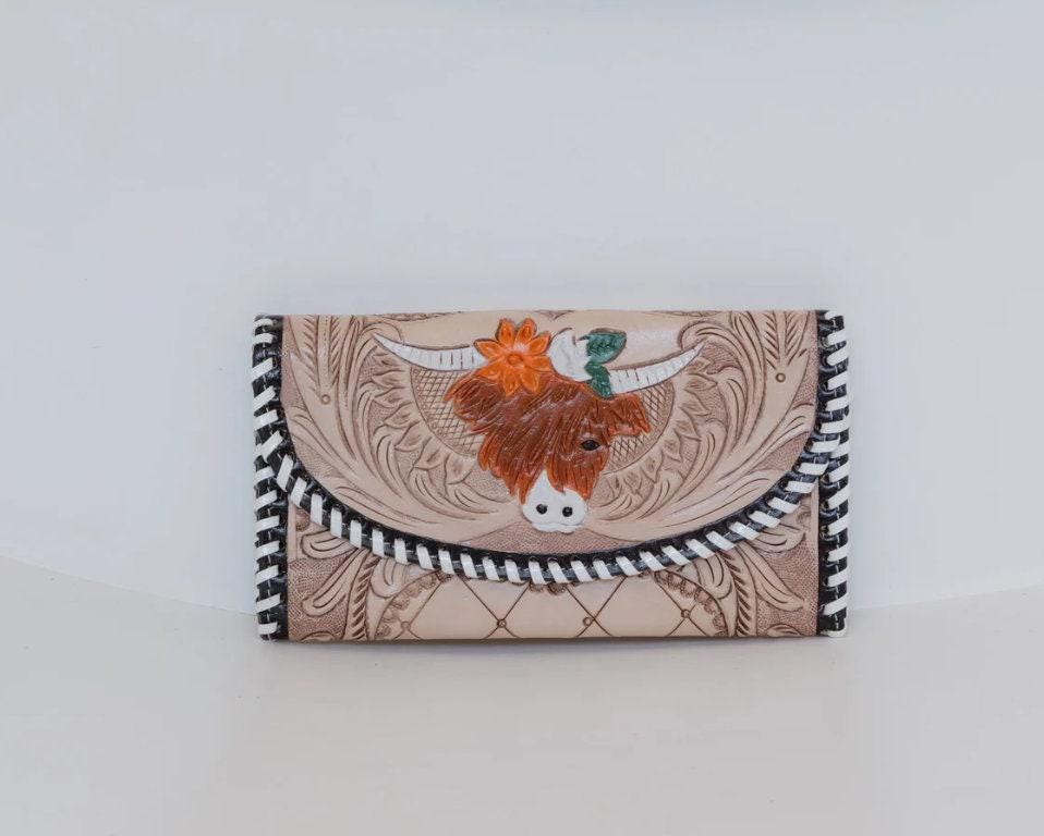 Hand Tooled Leather Wallet: Highland Cow Art, Vintage Western Clutch