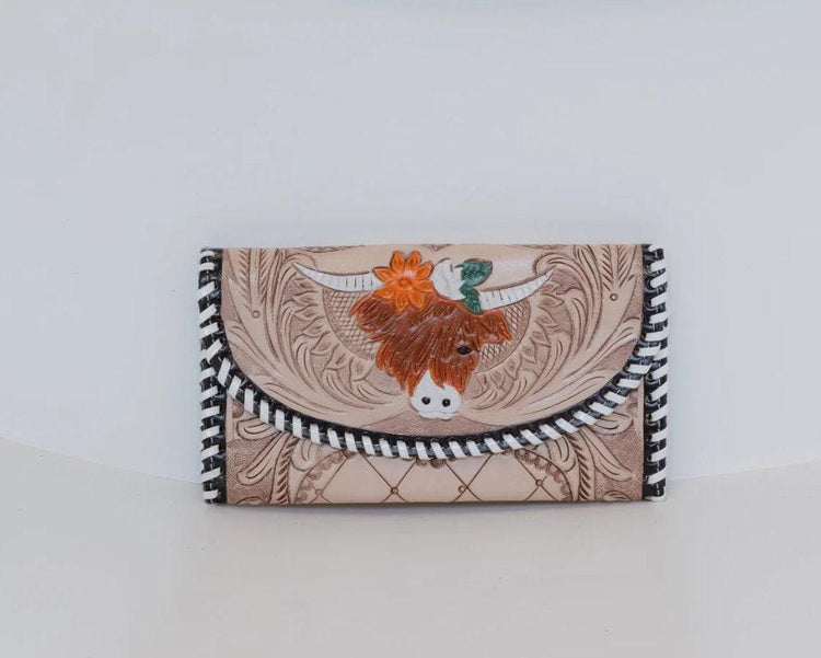 Hand Tooled Leather Wallet: Highland Cow Art, Vintage Western Clutch