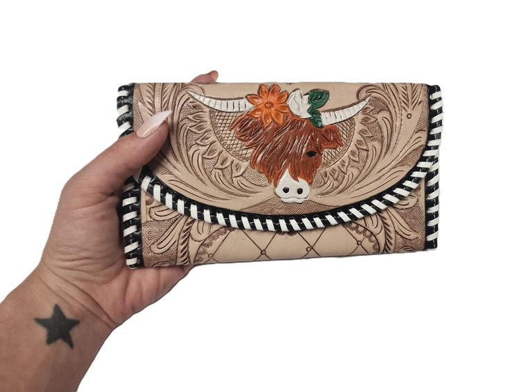 Hand Tooled Leather Wallet: Highland Cow Art, Vintage Western Clutch