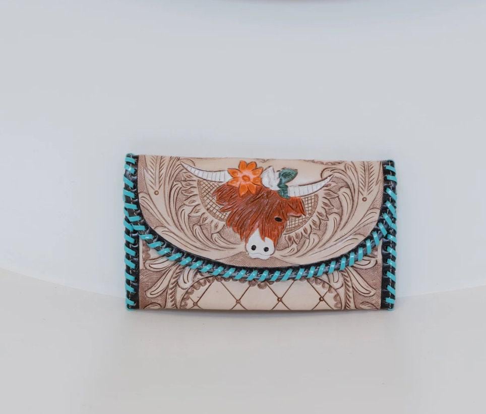 Hand Tooled Leather Wallet: Highland Cow Art, Vintage Western Clutch