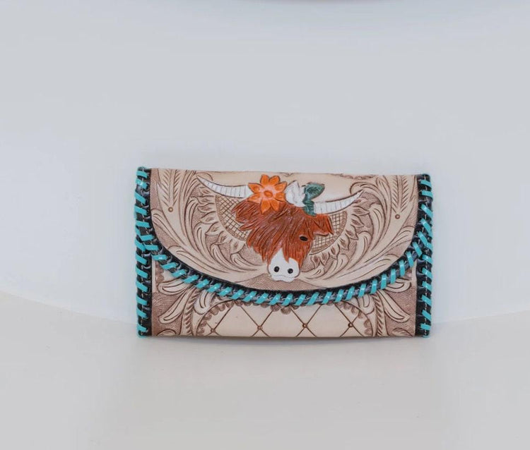 Hand Tooled Leather Wallet: Highland Cow Art, Vintage Western Clutch