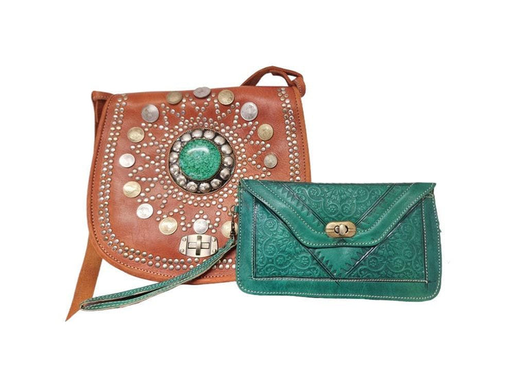 Bohemian Leather Crossbody Bag: Vintage Moroccan Berber Style with Matching Wristlet Wallet