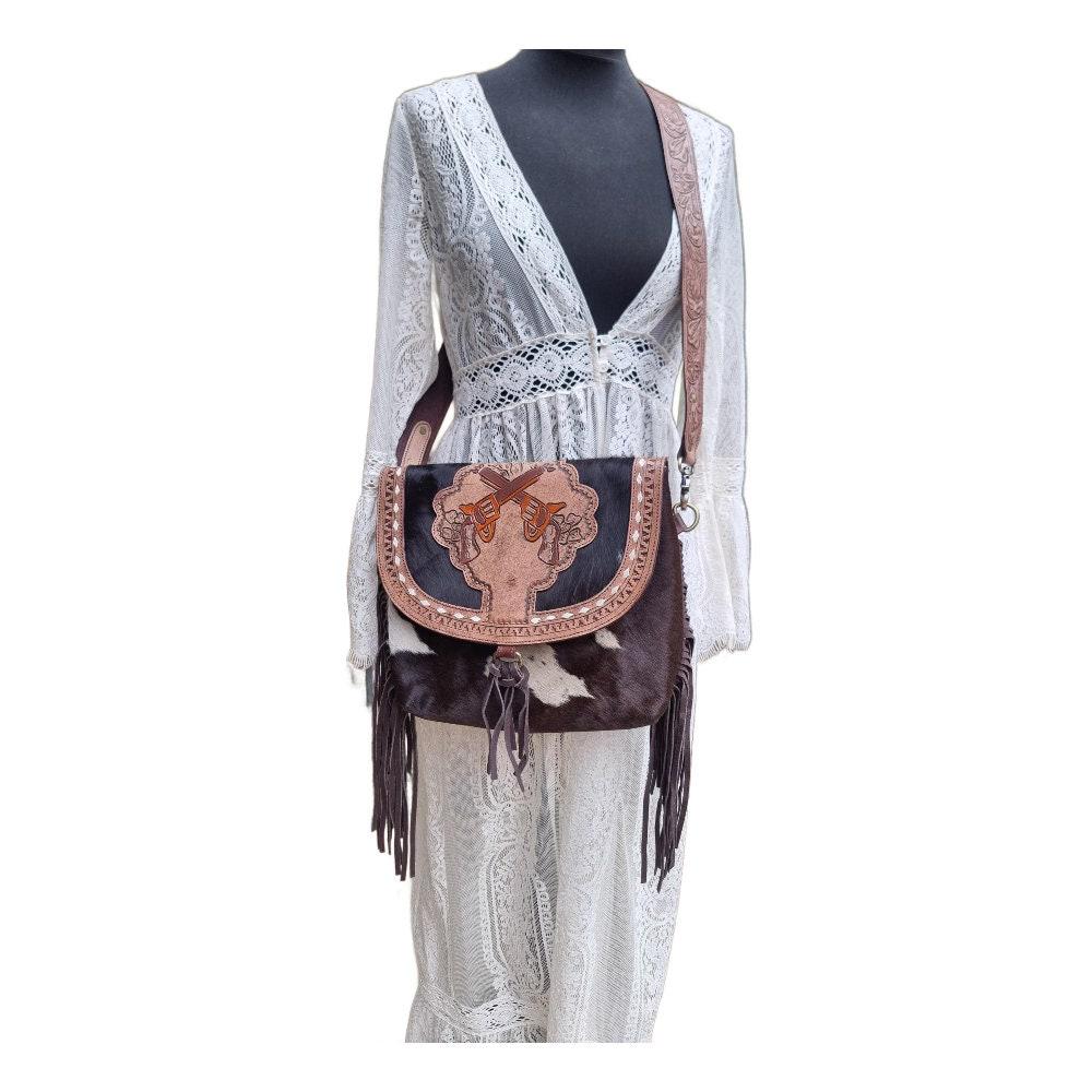 Tooled Leather Cowhide Crossbody Bag & Wallet Set: Western Pistol Design