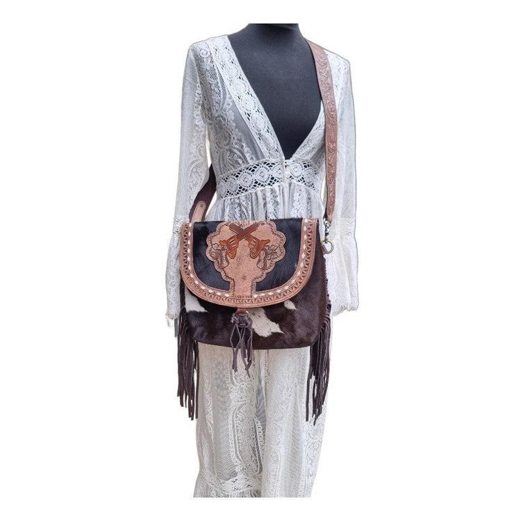 Tooled Leather Cowhide Crossbody Bag & Wallet Set: Western Pistol Design