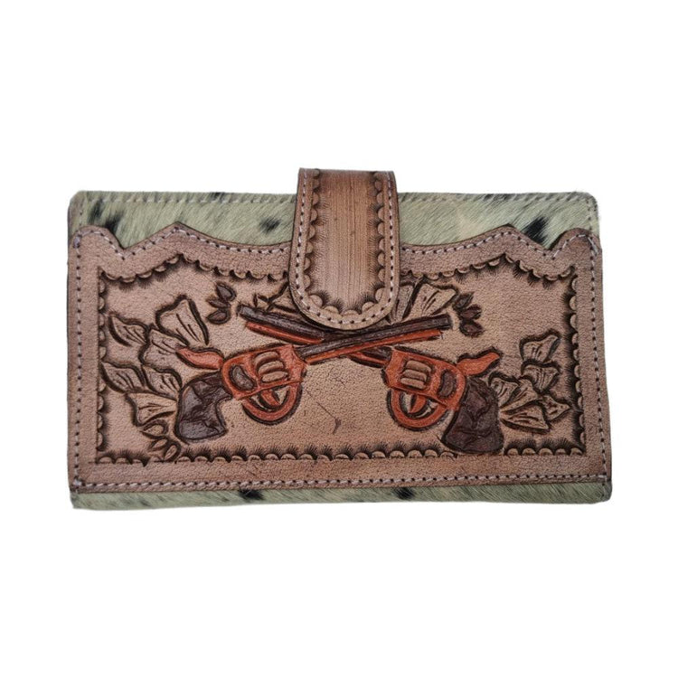 Hand Tooled Leather Wallet & Fringe Handbag Set: Western Cowhide Pistol Design