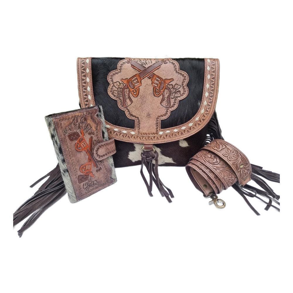 Hand Tooled Leather Wallet & Fringe Handbag Set: Western Cowhide Pistol Design