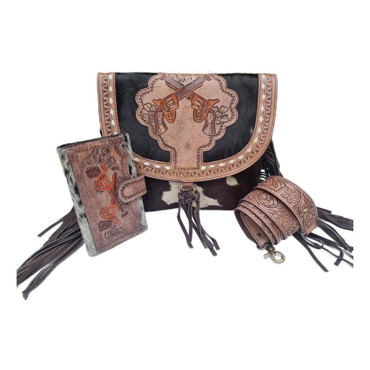 Hand Tooled Leather Wallet & Fringe Handbag Set: Western Cowhide Pistol Design